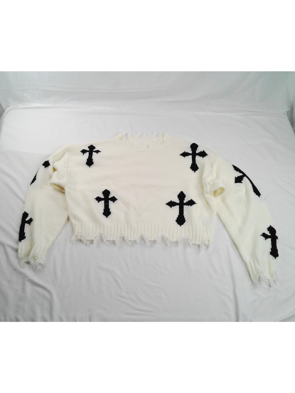 Manfinity XS White Distressed Cross Knit Sweater Goth Grunge Cropped Pullover